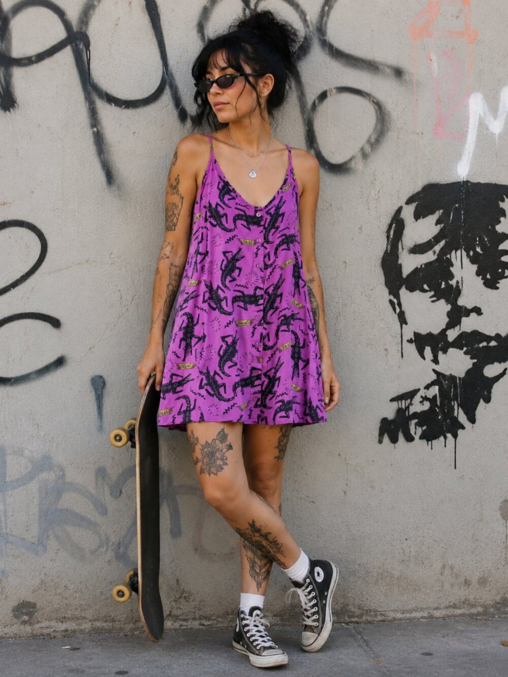 Obey Purple Mini Slip Dress with Black Print